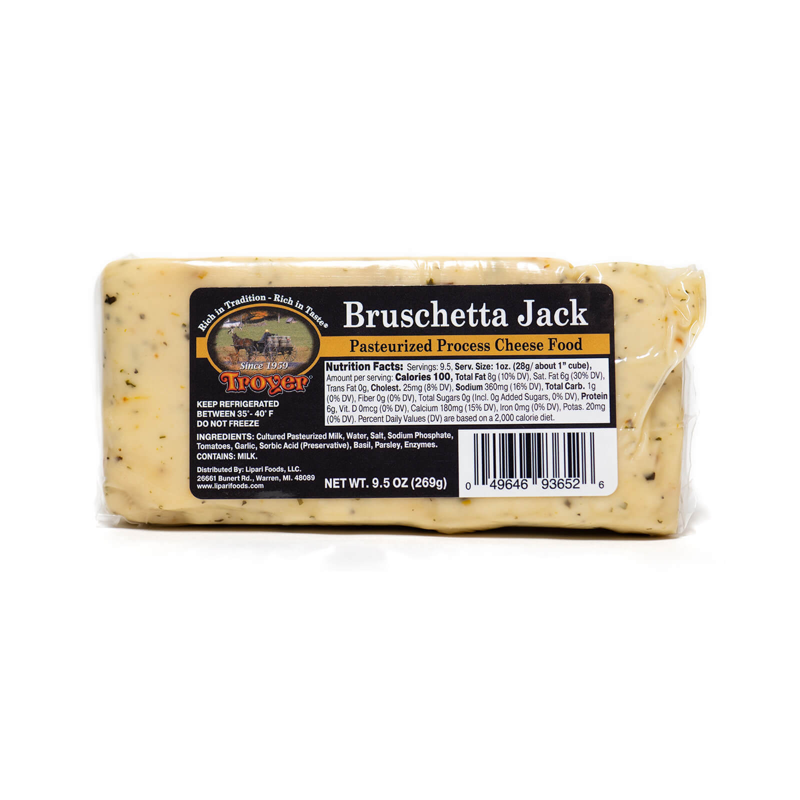 Bruschetta Jack Cheese - Troyer - 9.5oz w/ Nutrition Facts